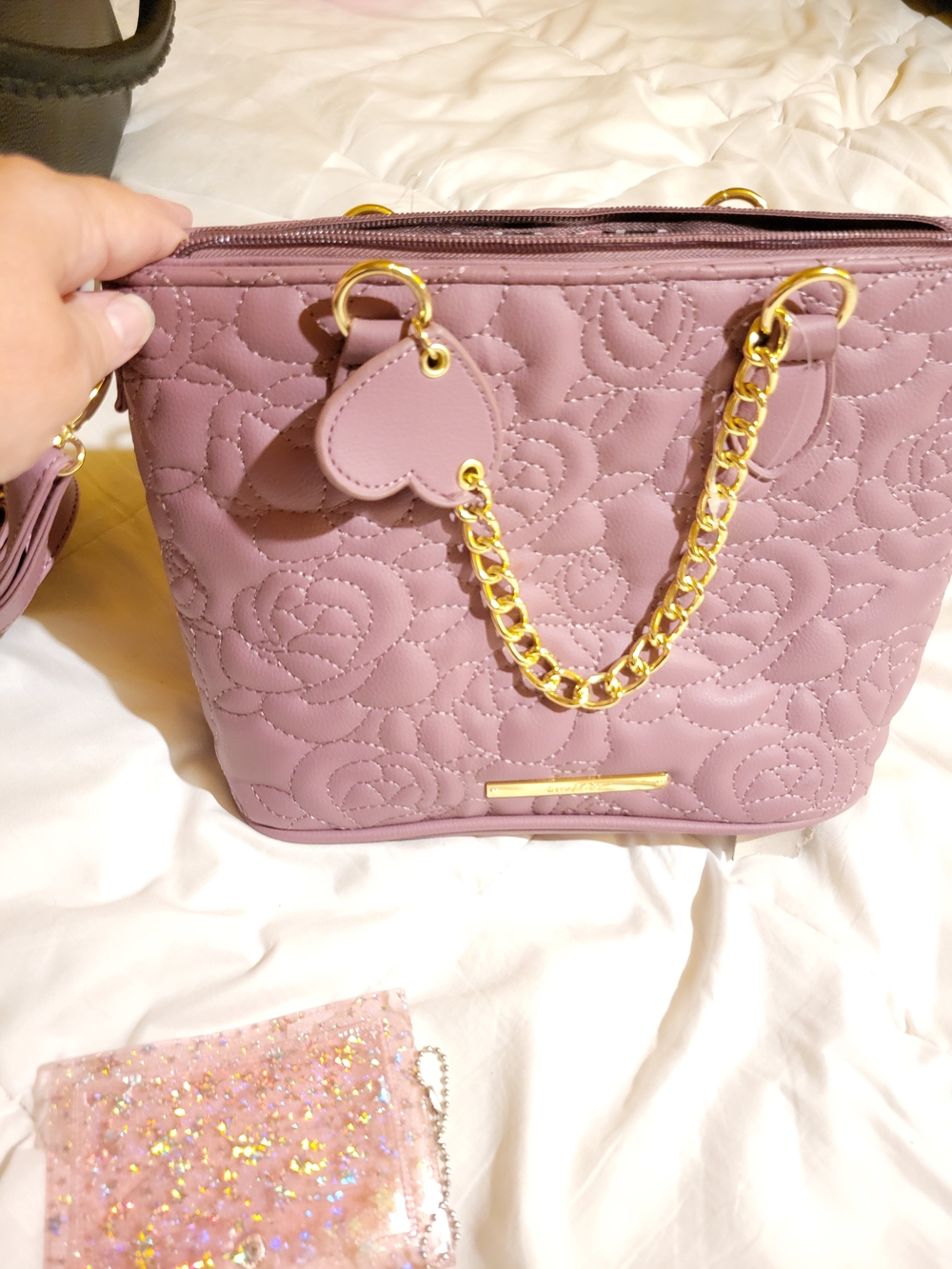 Betsey Johnson Mauve Quilted Crossbody with Gold Chain